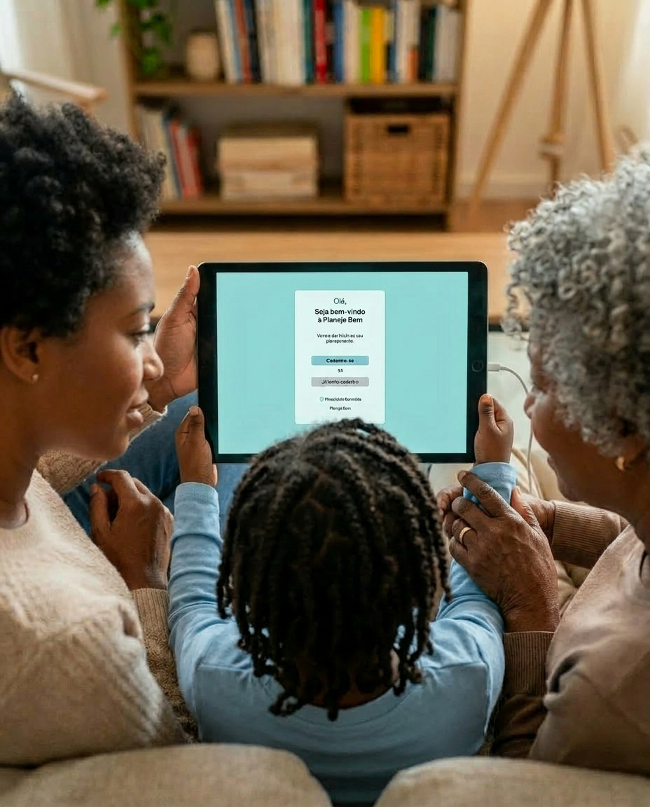 Família usando o Planeje Bem no tablet